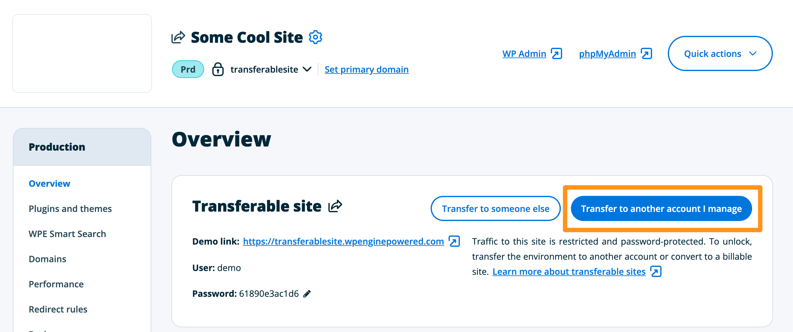 Screenshot of an environment's Overview page in the WP Engine User Portal showing the button to initiate the transfer of a transferable site