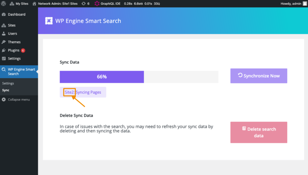 WP Engine Smart Search data sync button and progress