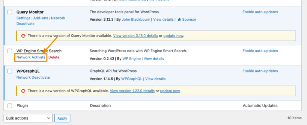 Network Activate link for WP Engine Smart Search