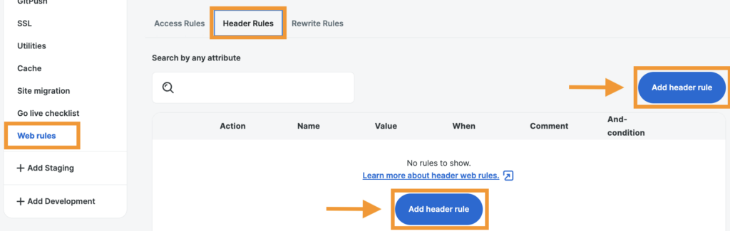 Screenshot of the Web Rules page in the WP Engine User Portal showing where to add a Header Rule.