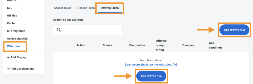 Screenshot of the Web Rules page in the WP Engine User Portal showing where to add a Rewrite Rule.