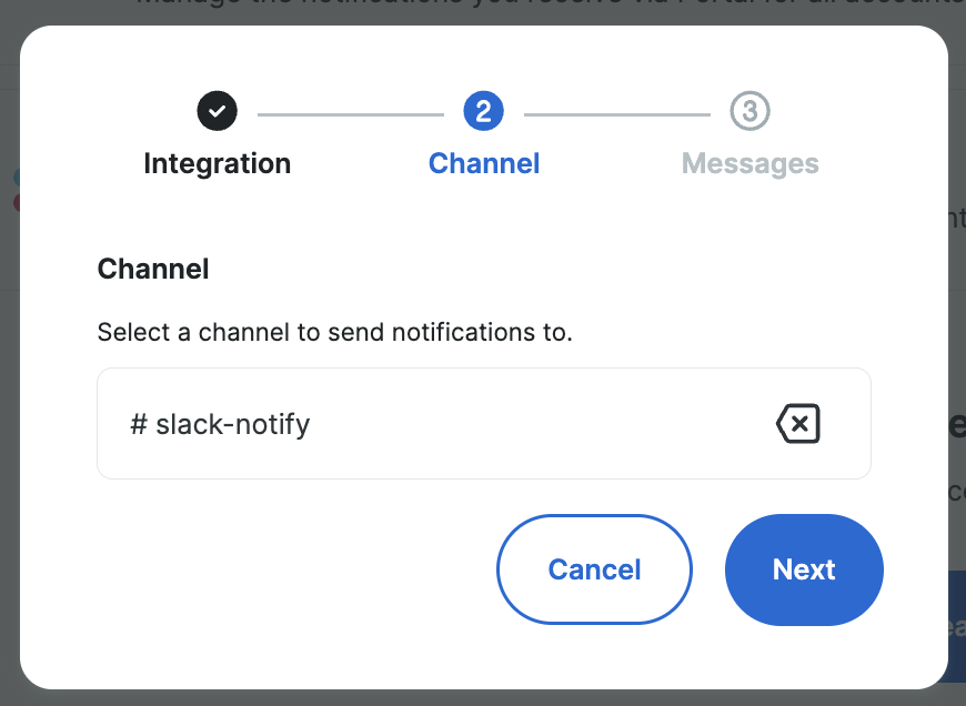 Screenshot of the Notifications page in the WP Engine User Portal showing the popup window to select a Slack Channel for notifications