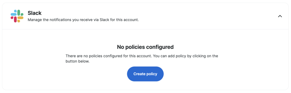 Screenshot of the Notifications page in the WP Engine User Portal showing the button to create a Slack Notification Policy