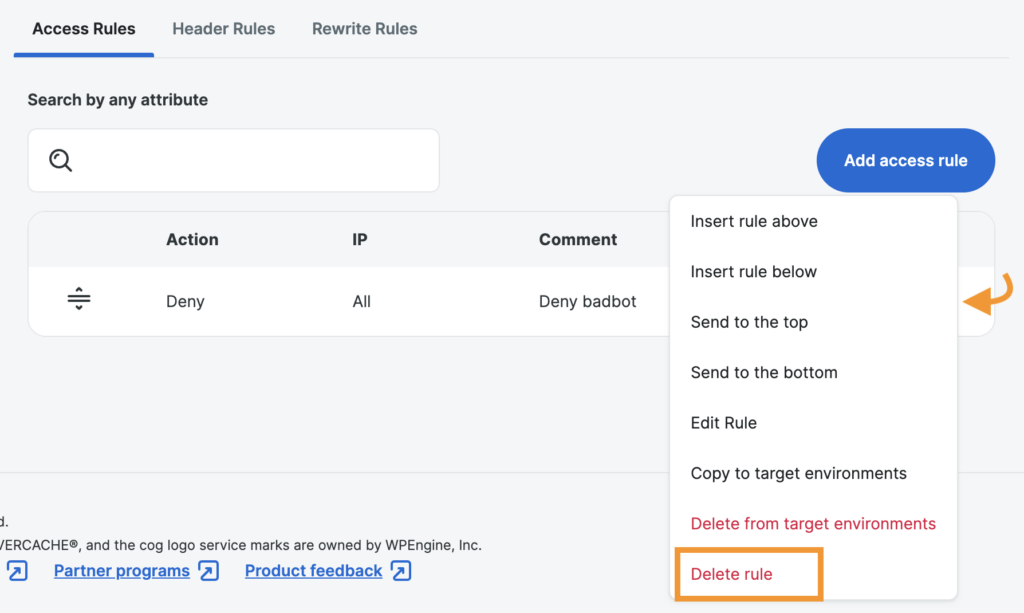 Screenshot of the Web Rules page in the WP Engine User Portal showing where to delete a Web Rule.