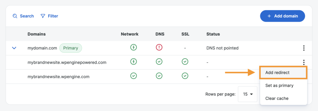 Screenshot of the Domains Page in the WP Engine User Portal showing the Add Redirect menu option.