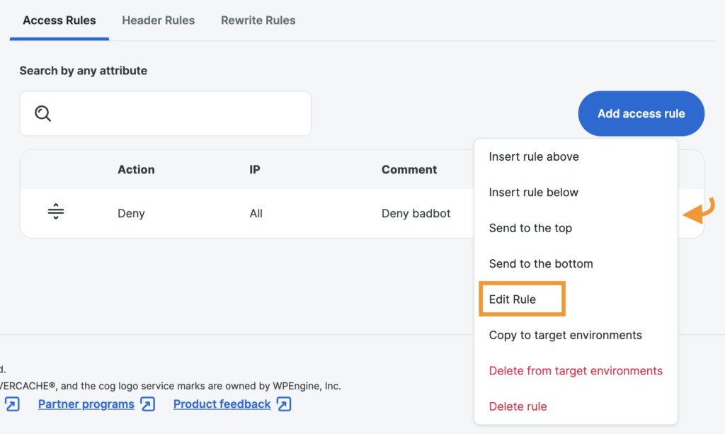 Screenshot of the Web Rules page in the WP Engine User Portal showing where to edit a Web Rule.