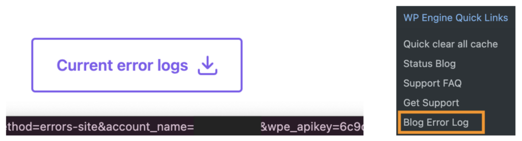 Screenshot of the WP Engine menu in the WordPress dashboard showing links to the current error logs.