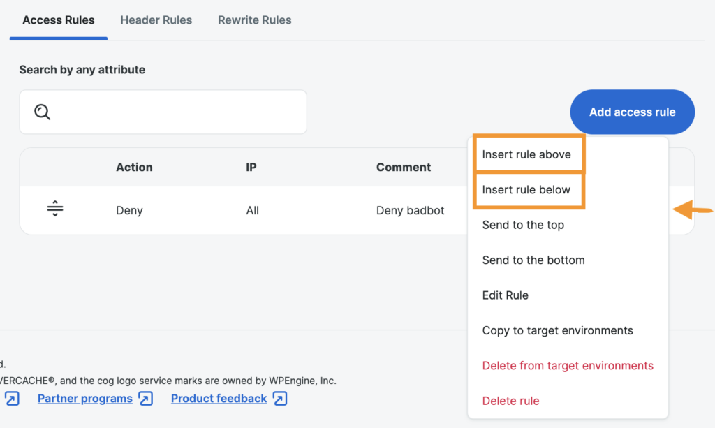 Screenshot of the Web Rules page in the WP Engine User Portal showing where to insert a Web Rule above or below another Web Rule.