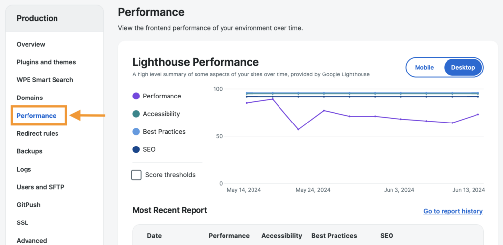 Screenshot of the Performance page in the WP Engine User Portal.