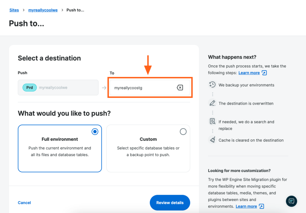 Push to a destination environment