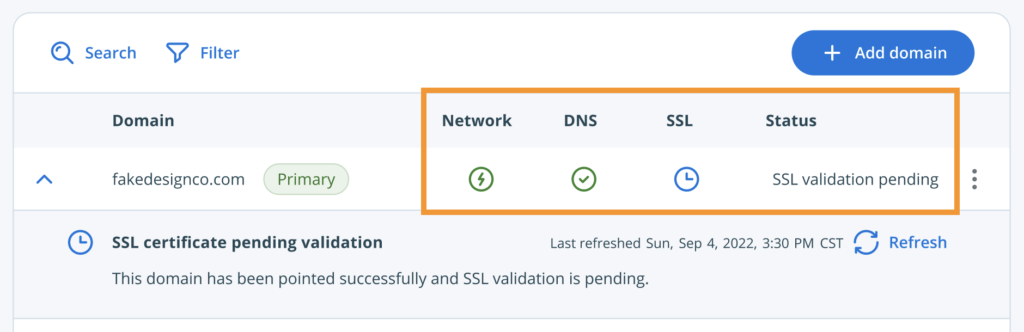 Screenshot of the Domains Page in the WP Engine User Portal showing domain statuses.