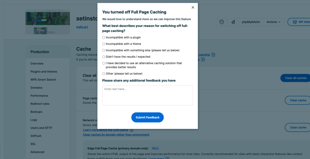 Screenshot of the Cache page in the WP Engine User Portal showing where to give feedback about Edge Full Page Cache.