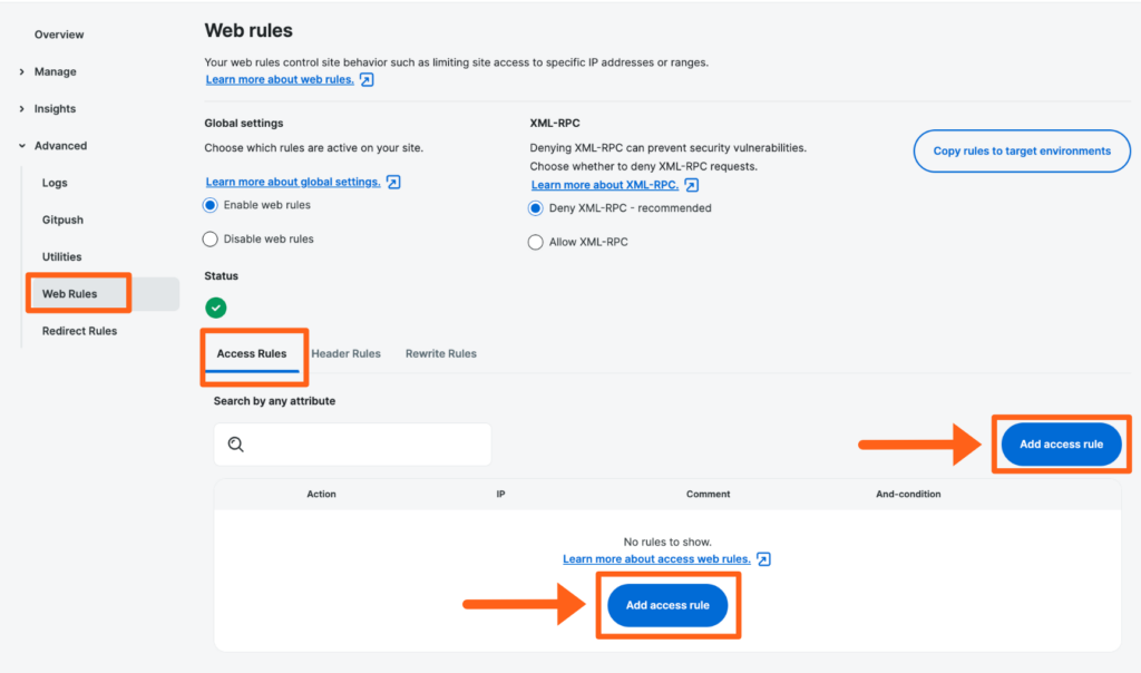 Screenshot of the Web Rules page in the WP Engine User Portal showing where to add an Access Rule