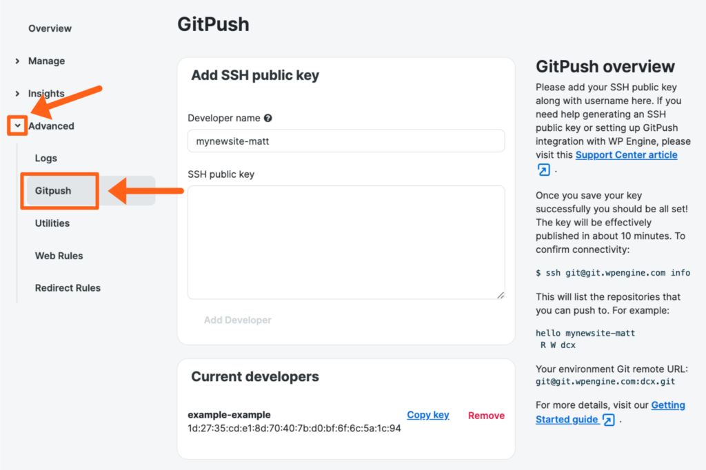 Screenshot of an environment's Gitpush page in the WP Engine User Portal showing where to add an SSH Key for the Gitpush feature