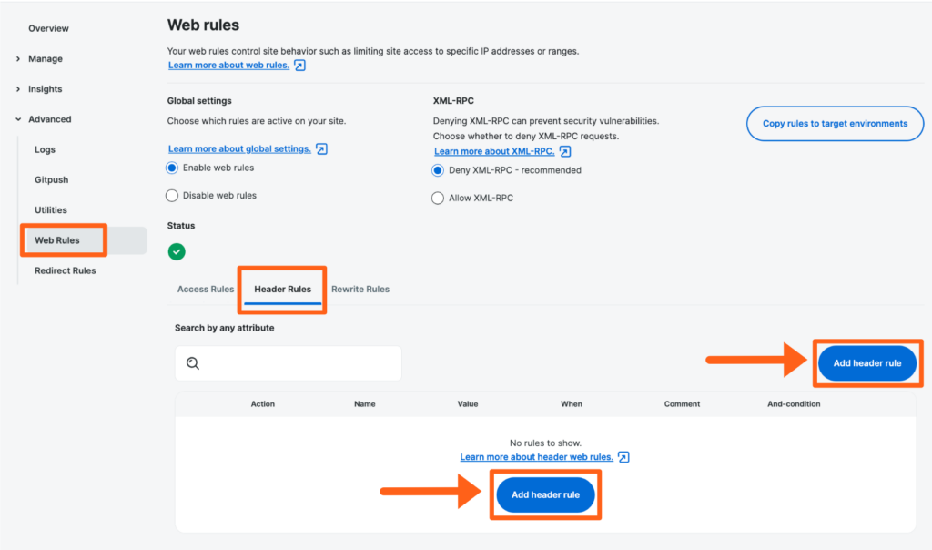 Screenshot of the Web Rules page in the WP Engine User Portal showing where to add a Header Rule