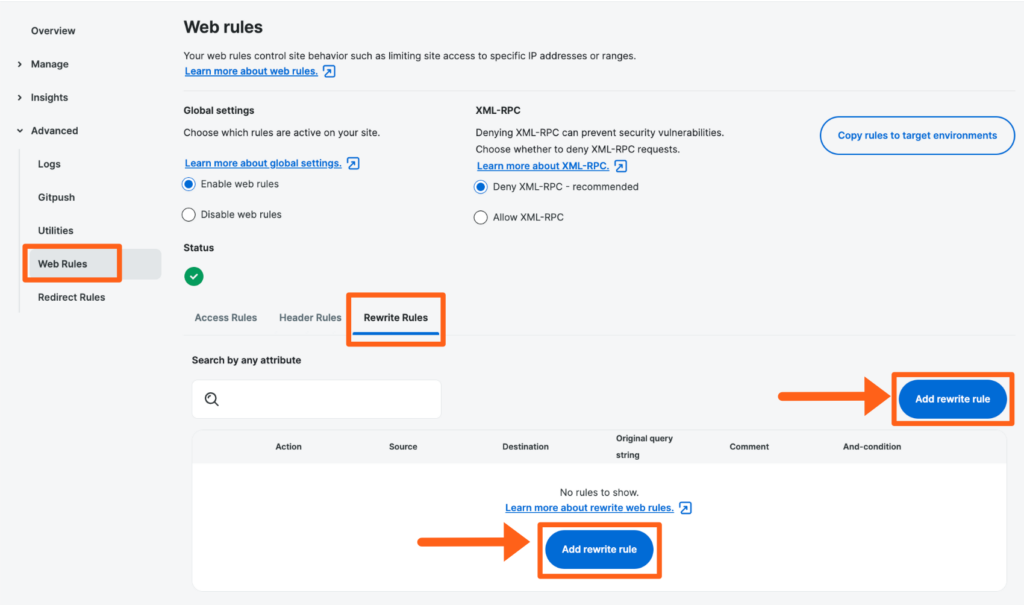 Screenshot of the Web Rules page in the WP Engine User Portal showing where to add a Rewrite Rule