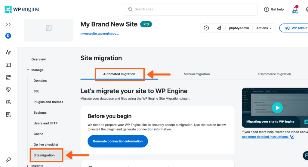 Screenshot of the Site Migration page in the WP Engine User Portal