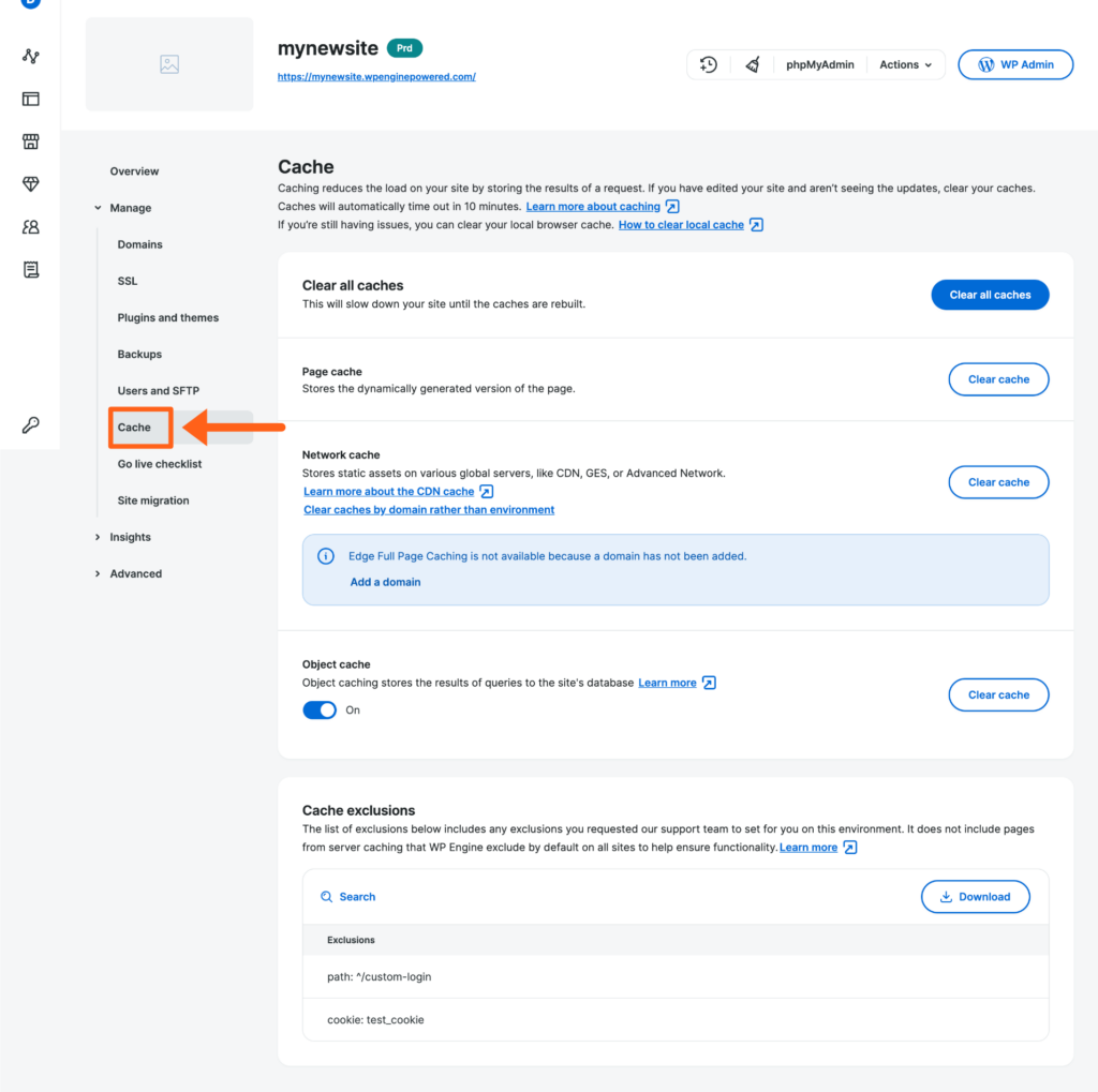 Screenshot of an environment's Cache page in the WP Engine User Portal 