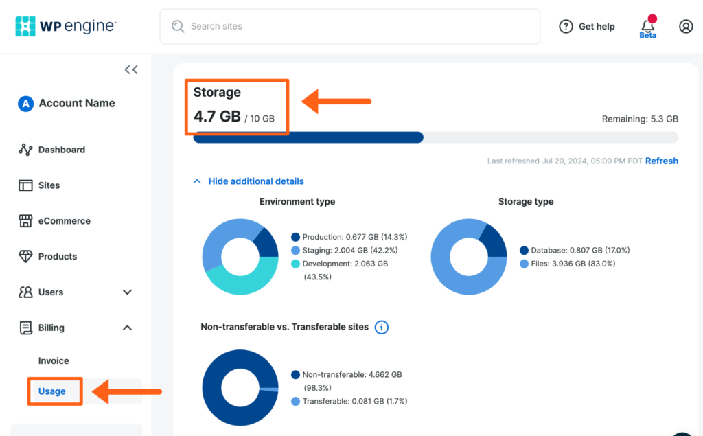 Screenshot of the Usage page in the WP Engine User Portal showing the stats for Storage usage