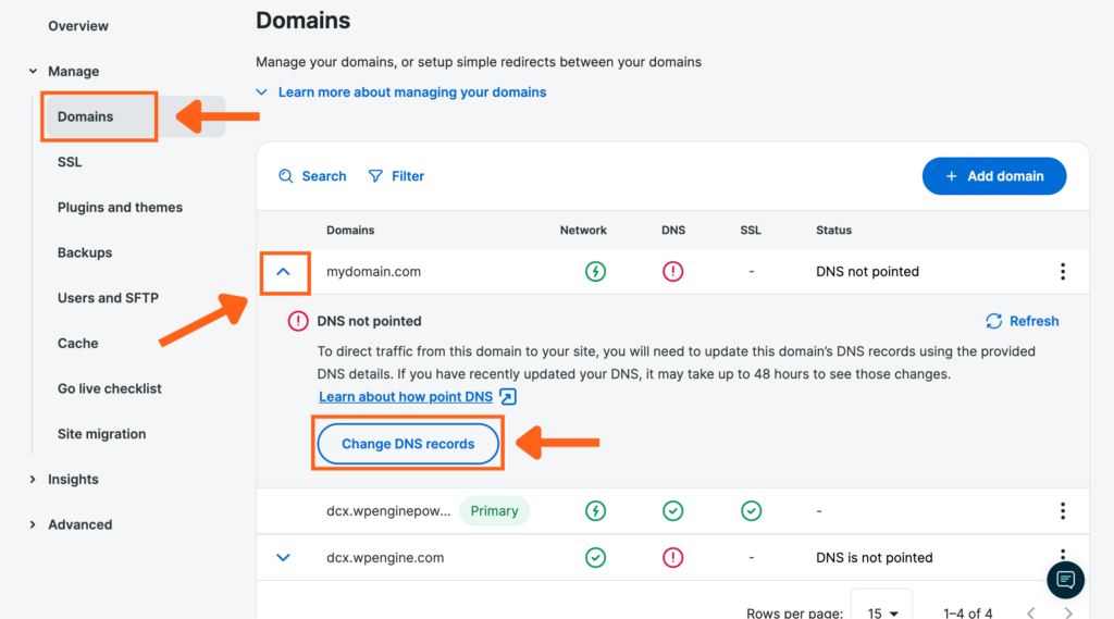 Screenshot of the Domains page in the WP Engine User Portal showing the button to Change DNS Records