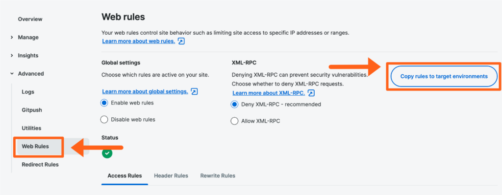 Screenshot of the Web Rules page in the WP Engine User Portal showing where to copy Web Rules to other environments