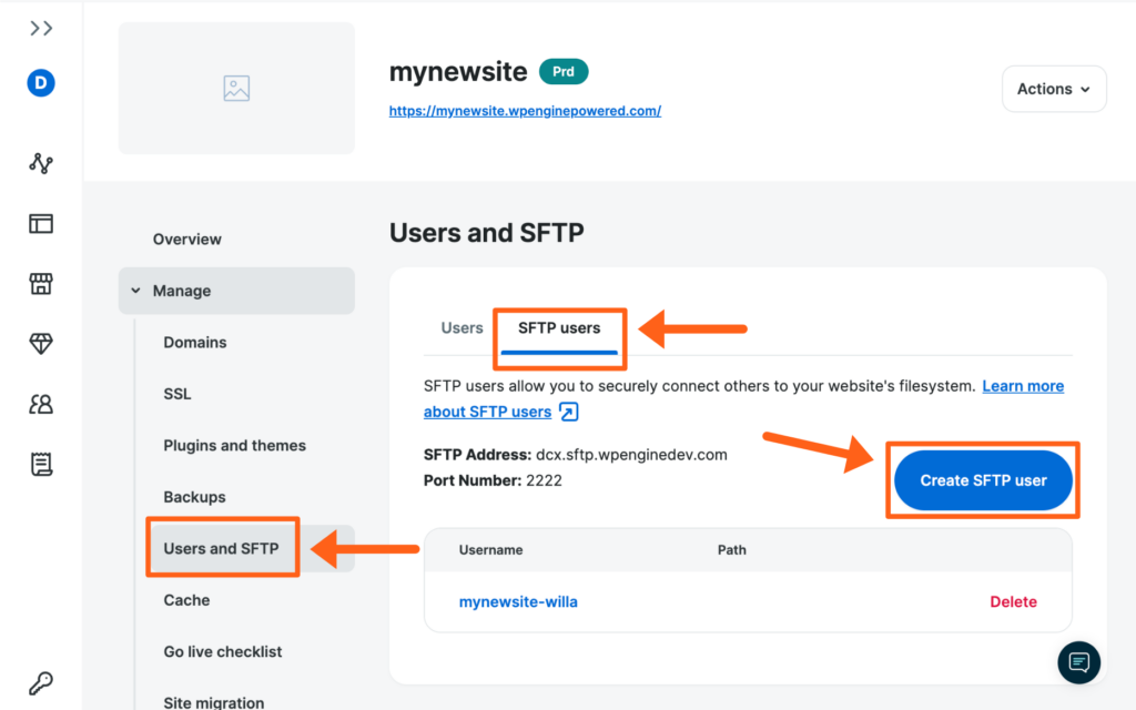 Screenshot of an environment's SFTP Users page in the WP Engine User Portal showing where to create a new user