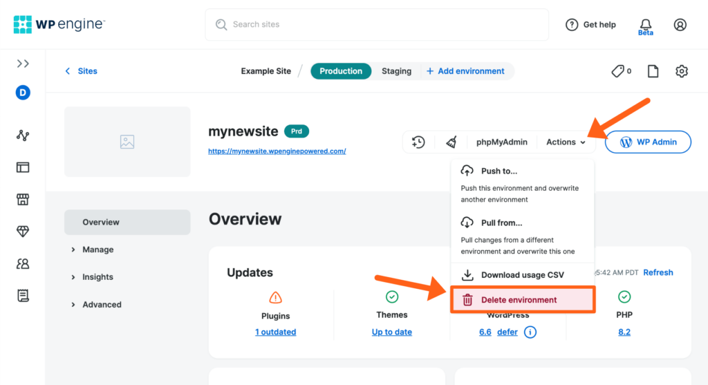 Screenshot of an environment's Overview page in the WP Engine User Portal showing the menu option to delete an environment