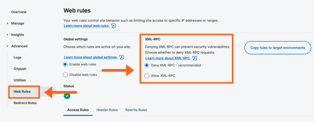 Screenshot of the Web Rules page in the WP Engine User Portal showing where to allow or deny xmlrpc