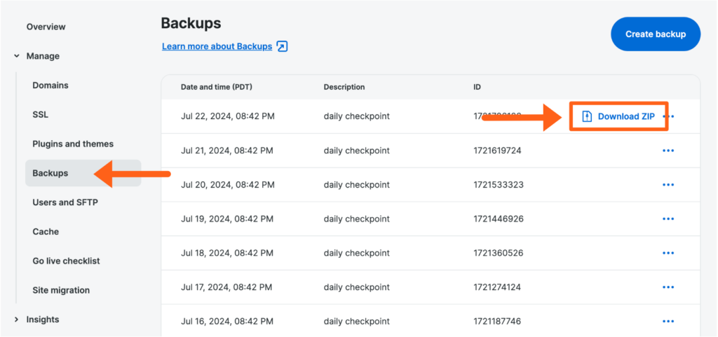 Screenshot of an environment's Backups page in the WP Engine User Portal showing where to Download ZIP for a backup