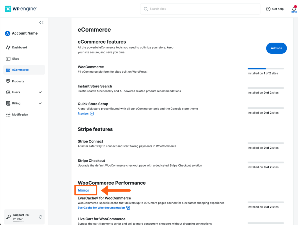 Screenshot of the Ecommerce page in the WP Engine User Portal showing where to manage Woocommerce Performance settings