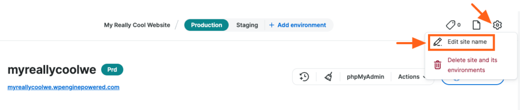 Edit site name from Environment page