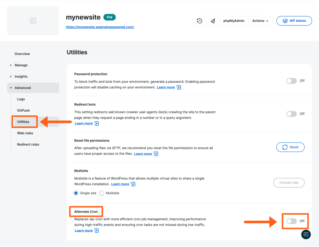 Screenshot of and environment's Utilities page in the WP Engine User Portal showing where to enable Alt Cron