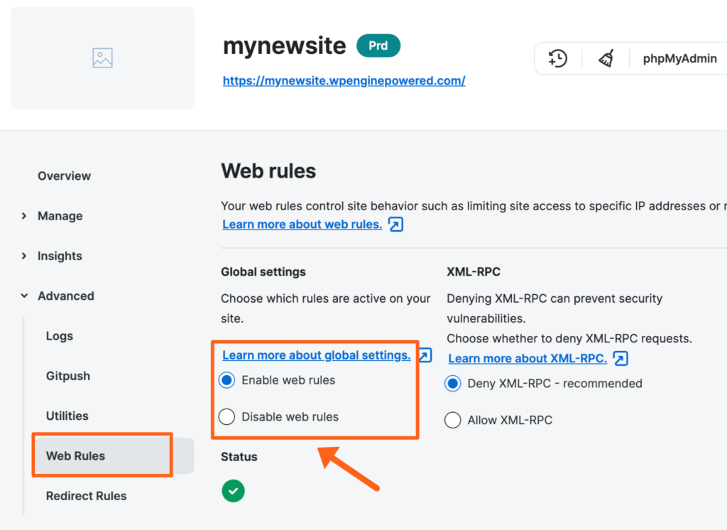 Screenshot of the Web Rules page in the WP Engine User Portal showing where to enable Web Rules