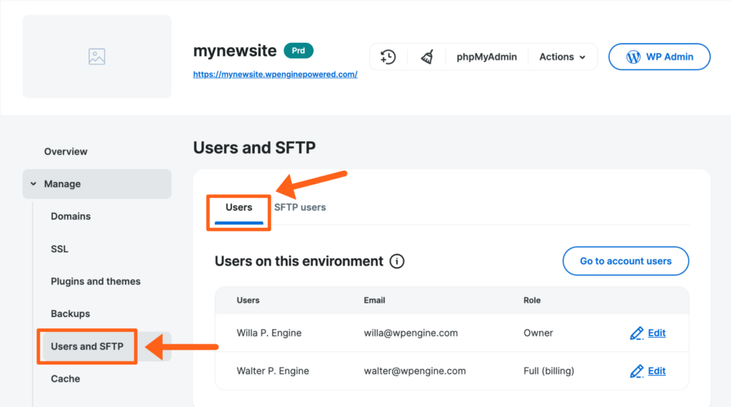 Screenshot of an environment's Users page in the WP Engine User Portal