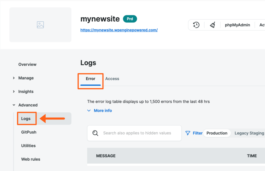 Screenshot of an environment's Logs page in the WP Engine User Portal showing the Error Logs tab