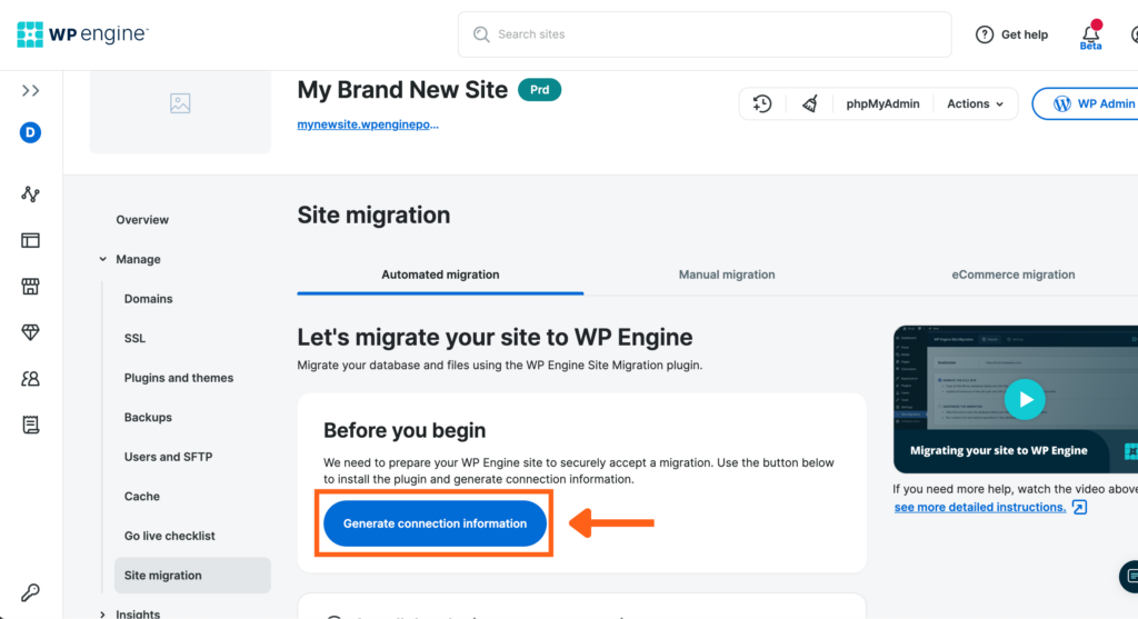 Screenshot of the Site Migration page in the WP Engine User Portal showing the button to Generate Connection Information