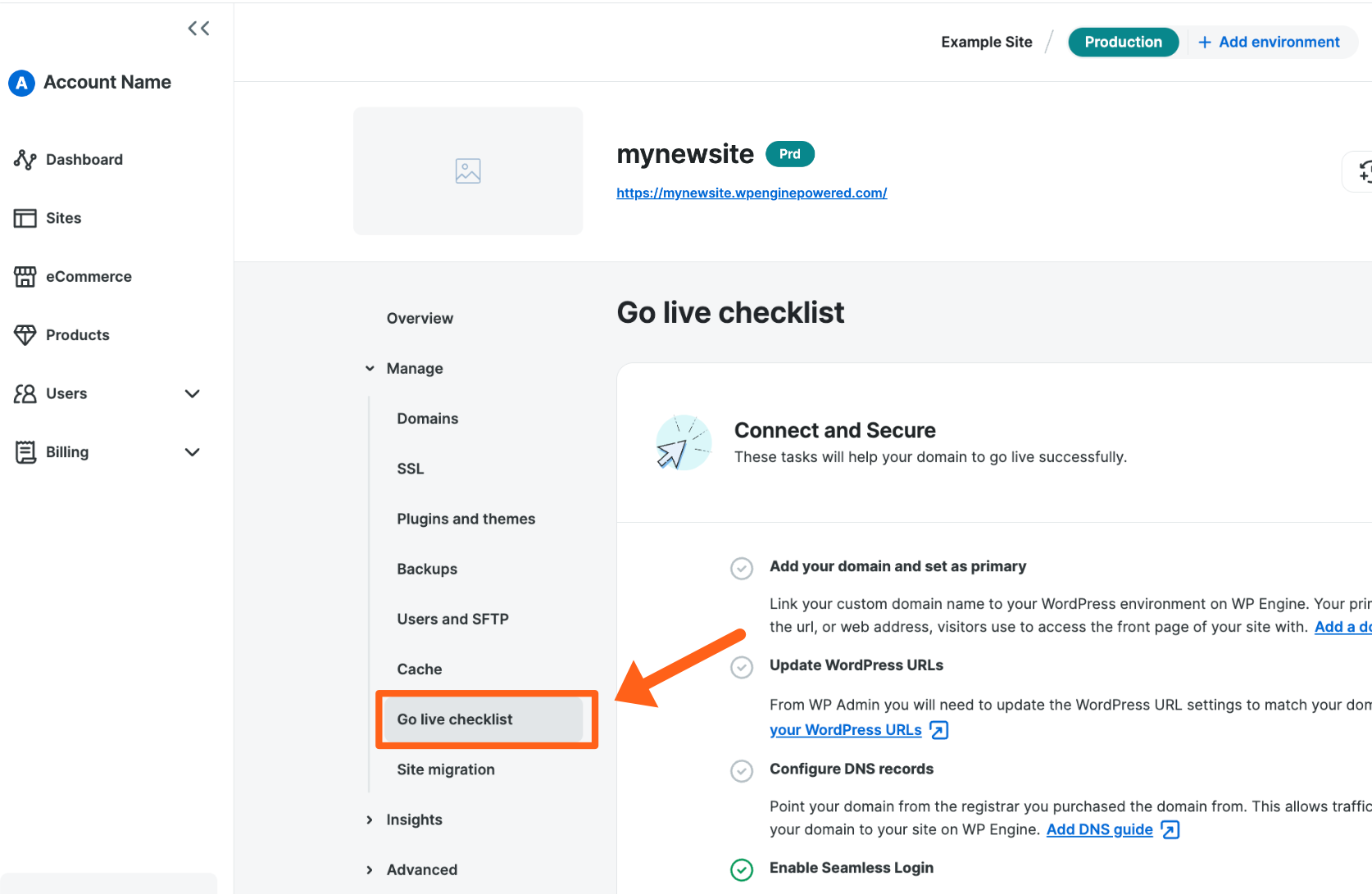 Screenshot of an environment's Go Live Checklist page in the WP Engine User Portal
