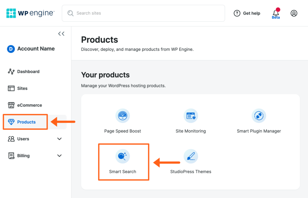 Screenshot of the Products page in the WP Engine User Portal showing the button to manage Smart Search
