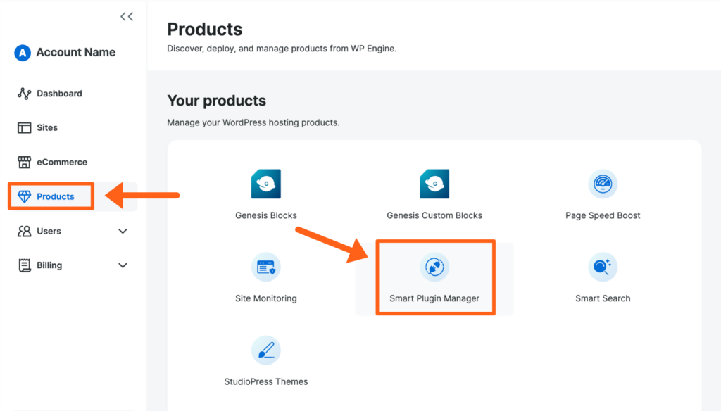 Screenshot of the Product page in the WP Engine User Portal showing the button to manage Smart Plugin Manager settings