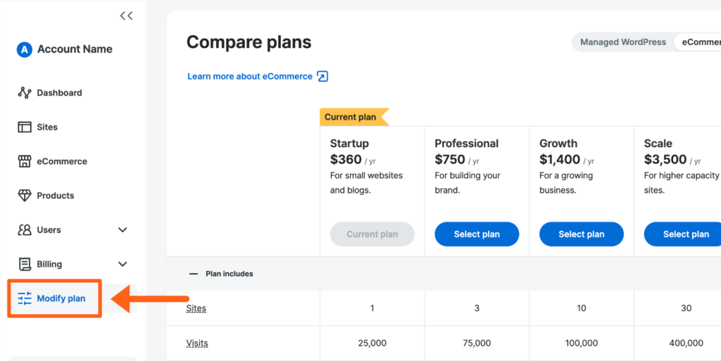 Screenshot of the Modify Plan page in the WP Engine User Portal 