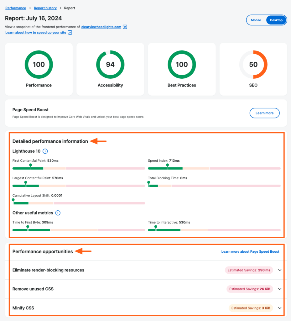 Page Speed Boost report contents