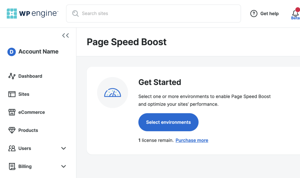Screenshot of the Page Speed Boost page in the WP Engine User Portal showing the initial button to add Page Speed Boost to environments