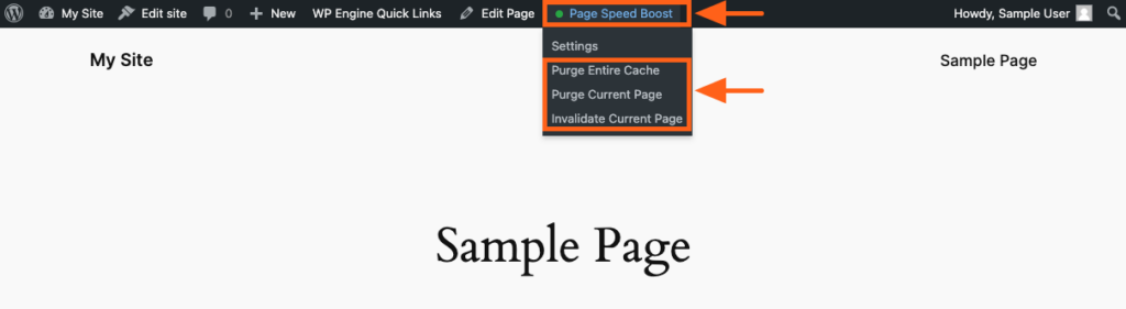 Page Speed Boost wp-admin top bar menu options