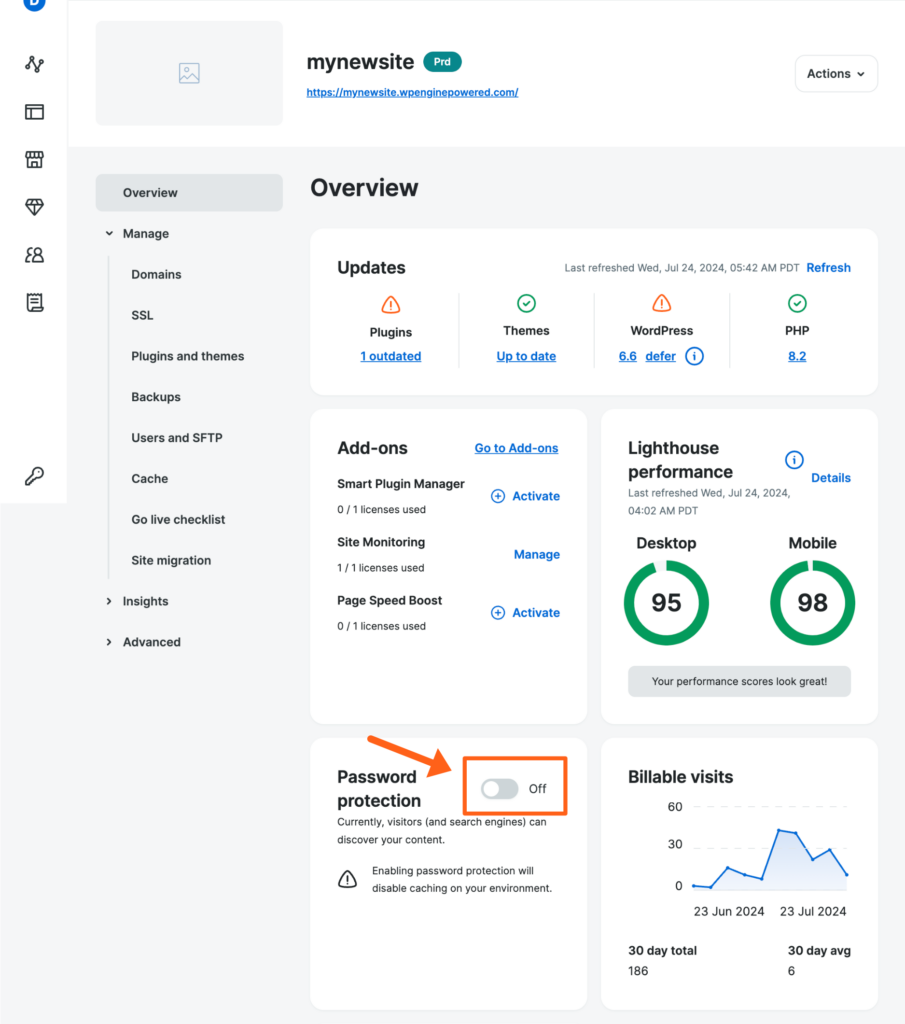 Screenshot of an environment's Overview page in the WP Engine User Portal showing where to toggle Password Protection on or off