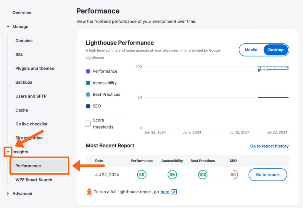 Screenshot of an environment's Performance Page in the WP Engine User Portal