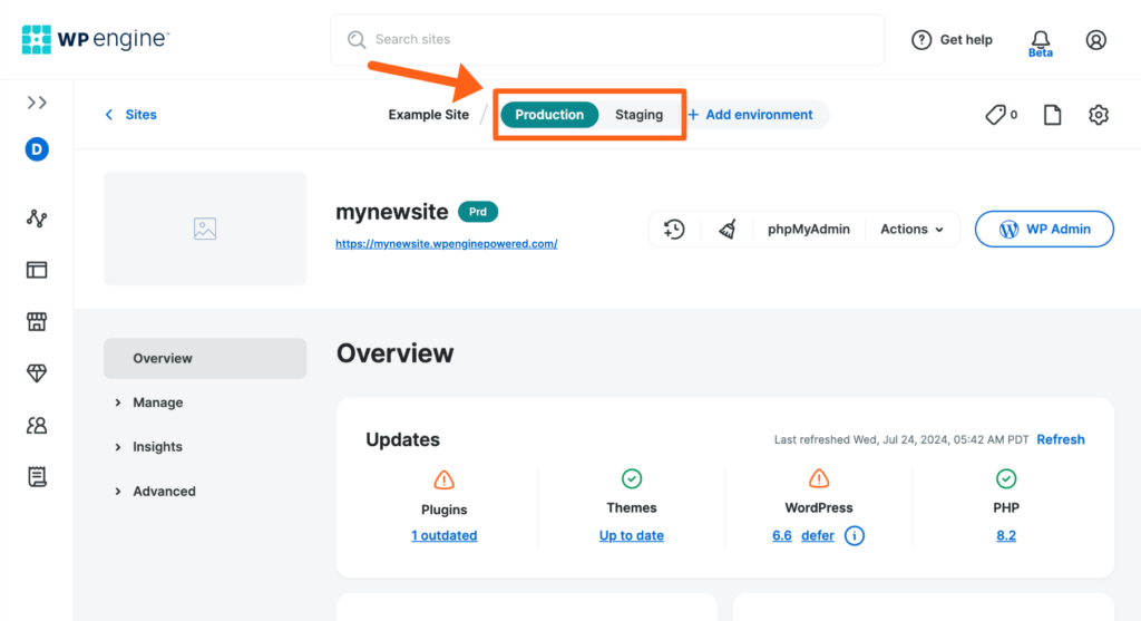 Screenshot of an environment's Overview page in the WP Engine User Portal showing the selection buttons for production, staging, and development environments within the same site