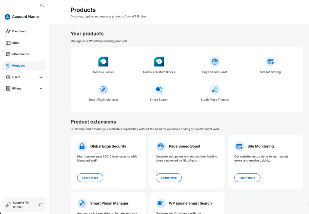 Screenshot of the Products page in the WP Engine User Portal 