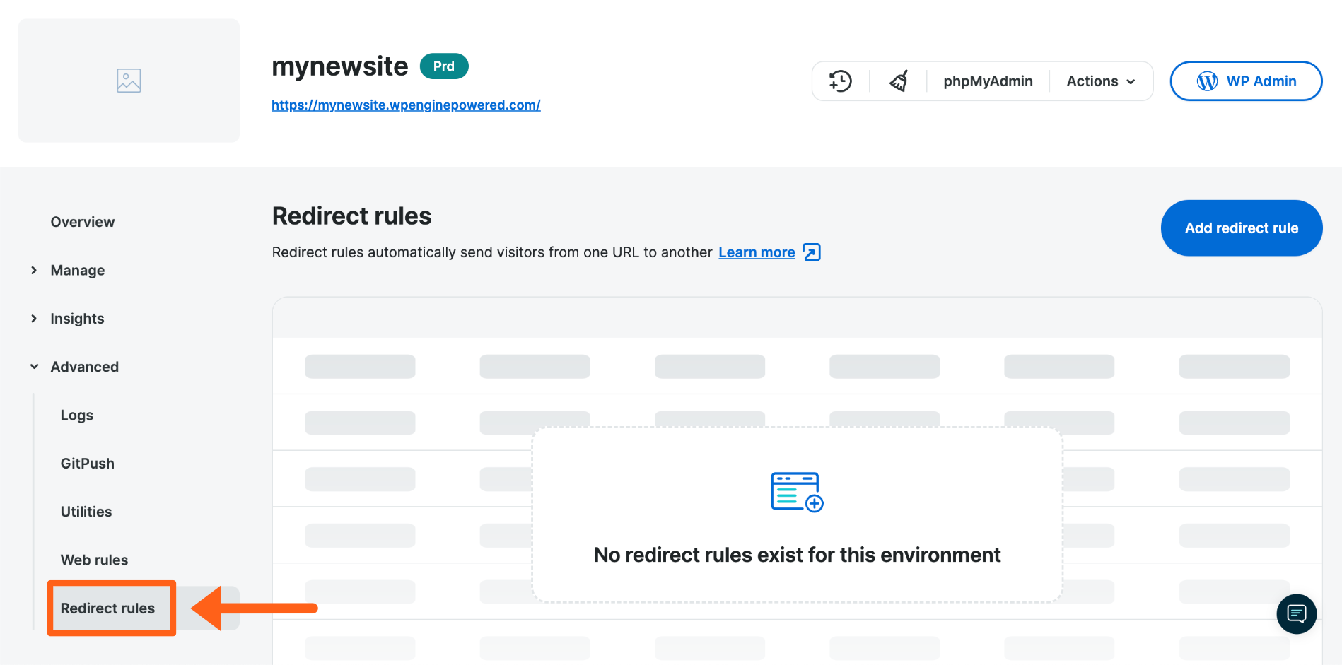 Screenshot of an environment's Redirect Rules page in the WP Engine User Portal 