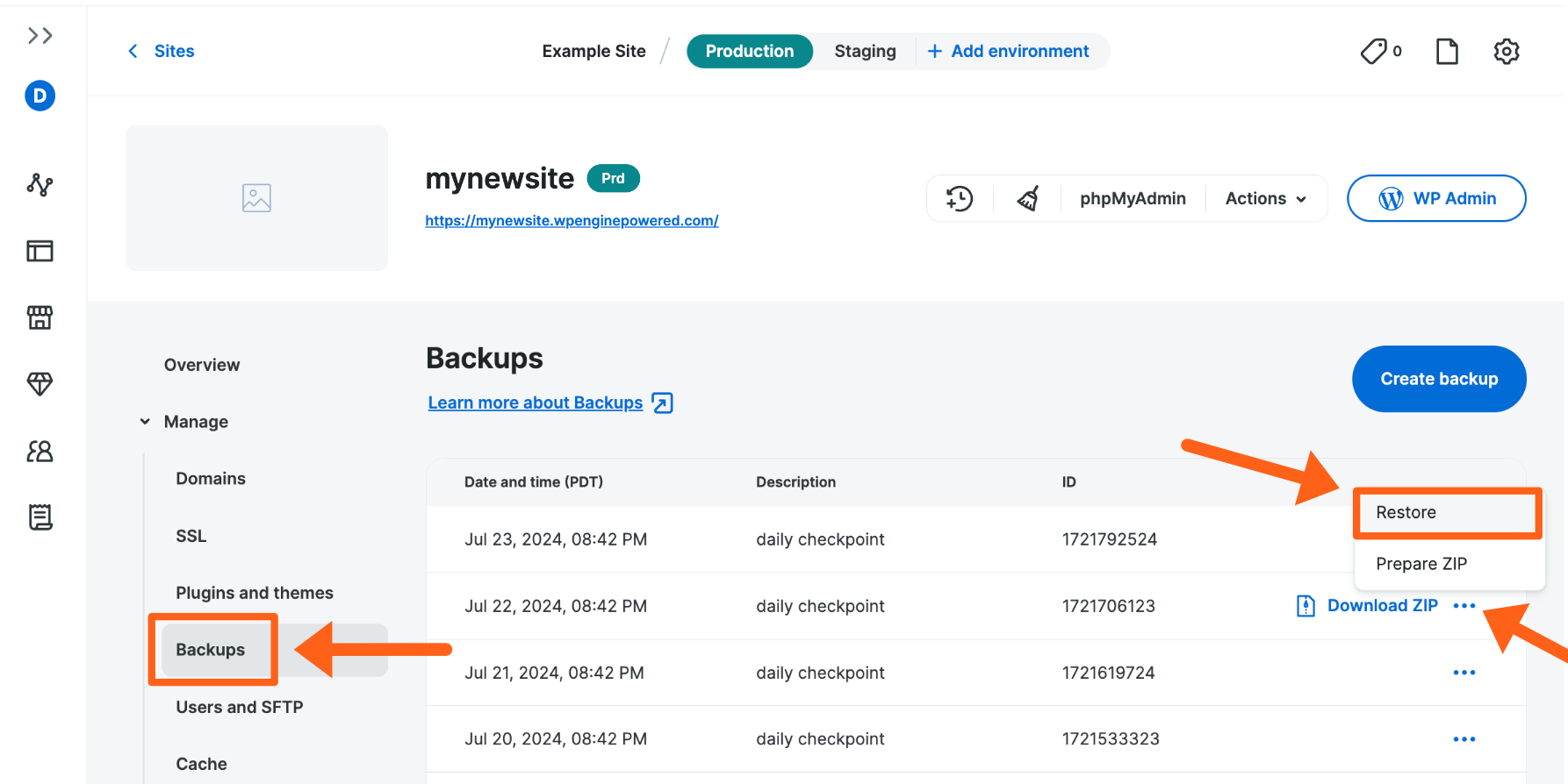 Screenshot of an environment's Backups page in the WP Engine User Portal showing the option to restore a backup