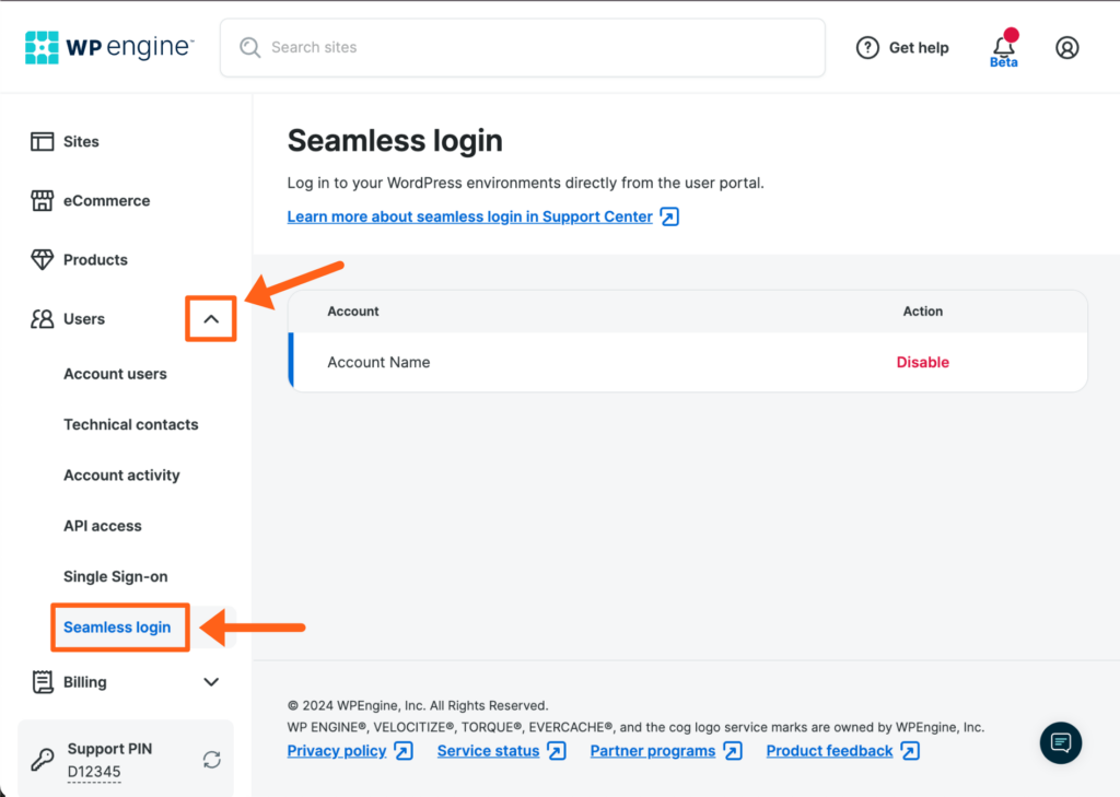 Screenshot of the Seamless Login page for an Account in the WP Engine User Portal 